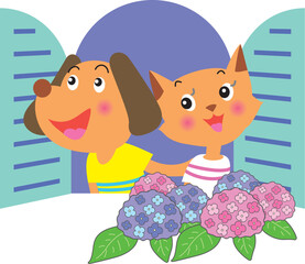 窓辺の犬と猫とあじさい
