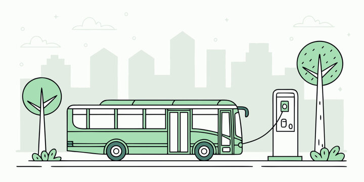 green bus charging station city scene clip art preview