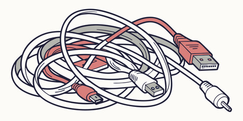 Tangle of electronic cables in red and white colors on light background  