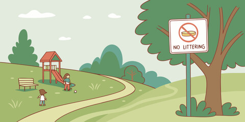 Children playing in a park with no littering sign and playground  