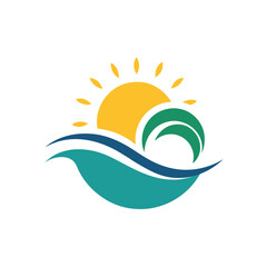 Abstract Sun and Green Wave Logo with Blue Water sunrise sunset