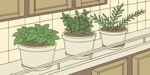 Potted herbs on kitchen rail in minimalist style with soft colors  