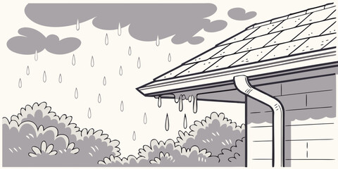 Rainwater dripping from roof during overcast weather  