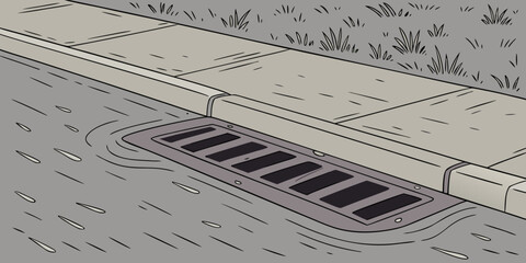 Rainwater draining into a street gutter alongside a sidewalk