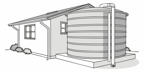 Rainwater tank beside house in minimalist line drawing style  