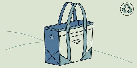 Recycled denim tote bag with modern design on green background  