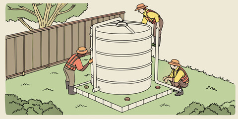 Workers installing rainwater tank in backyard with garden in view  