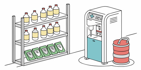 Refill station with bottles and bags on shelf in modern style  