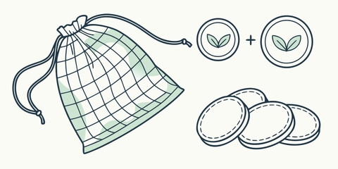Reusable cotton pads in mesh bag with natural leaf symbols  