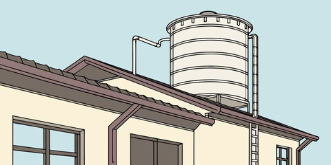 Water tank on rooftop of building in minimalist illustration style  
