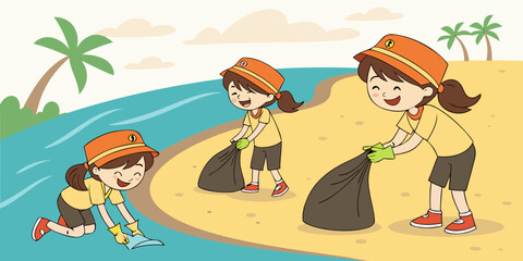 Children cleaning the beach and collecting trash in sunny environment  