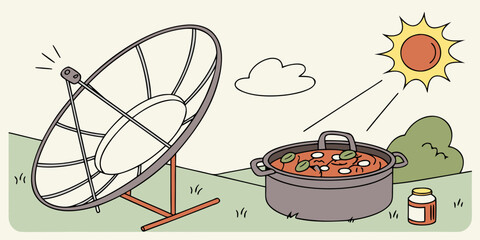 Solar cooker using sunlight to heat vegetable stew outdoors  