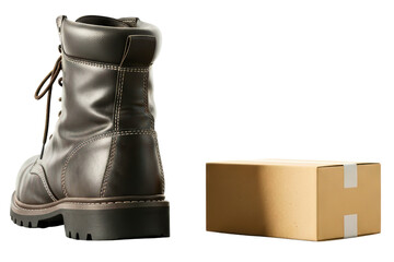 Black leather work boot next to a small cardboard shipping box isolated on transparent background