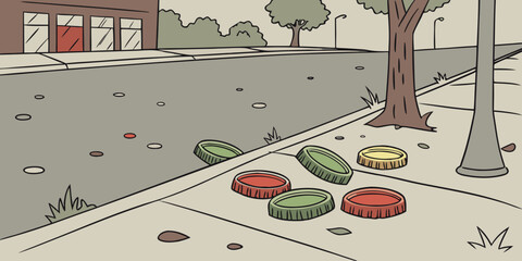 Illustration of colorful bottle caps scattered on sidewalk by street  