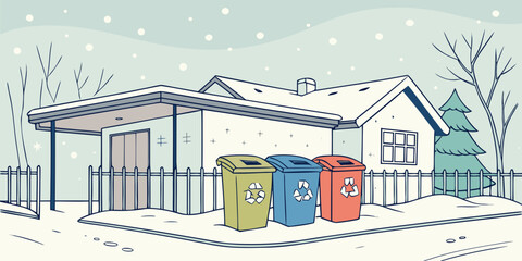 Snow-covered recycling center with colorful bins near winter home  