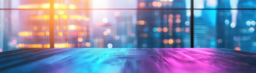 Vibrant city skyline at sunset with colorful lights reflecting on water surface and a blurred abstract background showcasing urban life and modern architecture