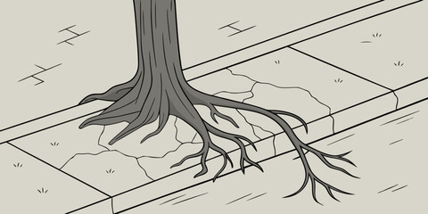 Tree roots breaking through cracked sidewalk in urban environment  