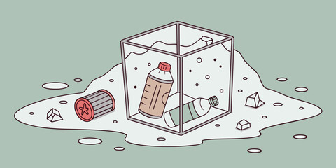 Trash trapped in ice inside a transparent container on green background  