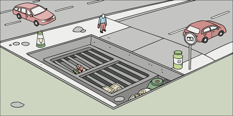 Trash trap in storm drain with debris and urban environment