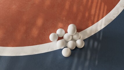 White golf balls stacked on outdoor court line top view