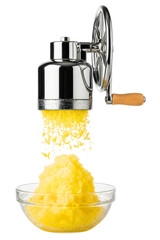 Manual hand crank ice shaver making a yellow snow cone treat isolated on transparent background