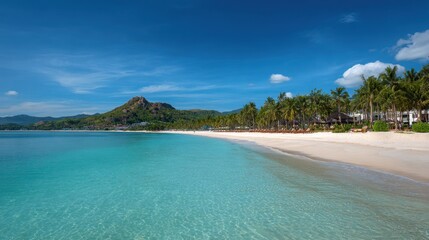 Fototapeta premium Serene Tropical Beach Scene with Palm Trees and Crystal Clear Water Under a Bright Blue Sky