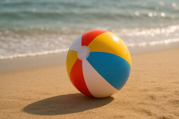 Colorful beach ball rests on sandy shore, reflecting joy of summer days by ocean