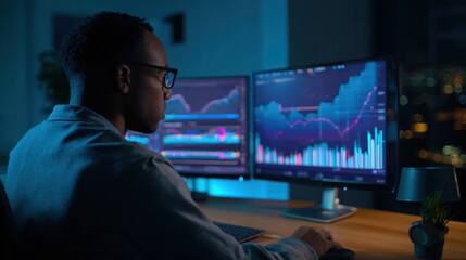 Young Man Analyzing Stock Market Data on Dual Computer Monitors in Modern Office at Night