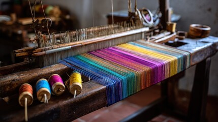 Vibrant Colorful Threads on a Traditional Loom in a Craft Workshop Setting with Natural Light