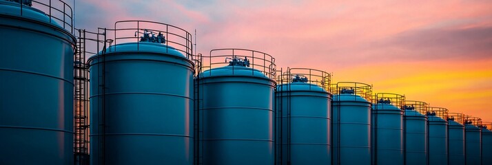 Low angle composition of industrial hydrogen tanks aligned beside refueling station. 