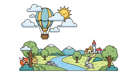 Obraz premium Scenic Landscape with Hot Air Balloon A Playful Illustration of Nature, Adventure, and Serenity