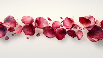 Vivid crimson rose petals scattered over a cream background, creating an elegant, visual border