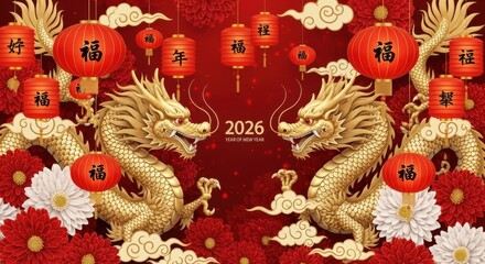 Fototapeta premium Dragon chinese new year celebration lanterns gold flowers 2026