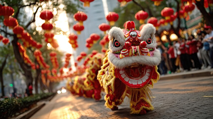 Traditional Festive Lion Dance Performance During Chinese New Year Celebration. Ai Generated Images