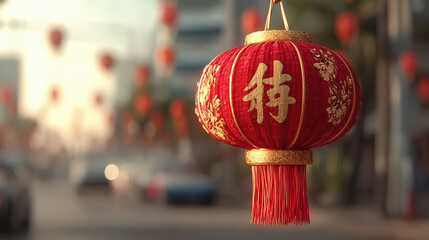 Beautiful Decorative Red Chinese Lantern with Golden Ornament Hanging Outdoors. Ai Generated Images