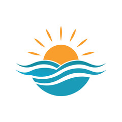 Simple Sun and Blue Ocean Waves Logo Design sunrise sunset