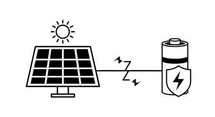 Icon illustrating the process of solar power generation and battery storage system for renewable energy