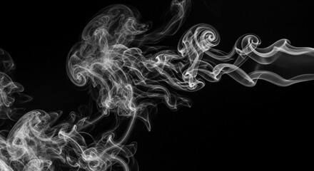 Ethereal white smoke swirls dance gracefully against a stark black background, creating dynamic, artistic abstract patterns.