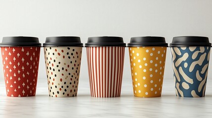 Five takeaway coffee cups with colorful, patterned exteriors on a marble surface