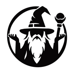 Black and white illustration logo of an angry wizard.