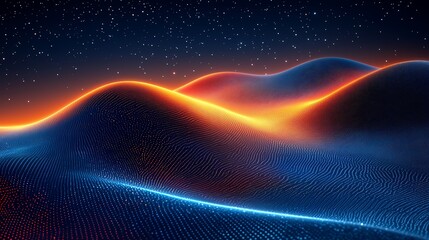 Abstract digital illustration of undulating hills with vibrant glowing lines, and a starry night sky