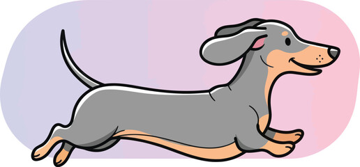 Happy cartoon dachshund running playfully with joy and energy on pastel background