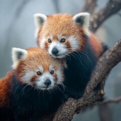Obraz premium Two red pandas cuddled together on a misty forest branch.