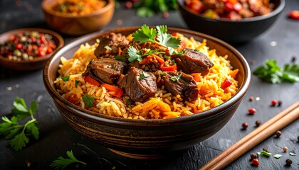 Close-up of flavorful rice dish with meat and herbs in ceramic bowls