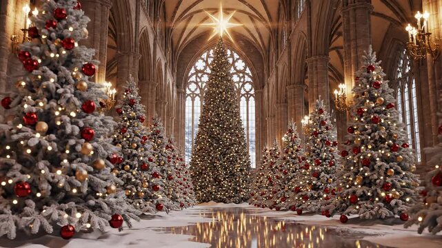 Christmas xmastree wonderland Festive trees in a grand hall, bringing holiday cheer to the season