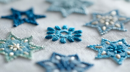 Fototapeta premium A close-up of delicate blue handmade embroidered stars and a snowflake motif on white fabric.