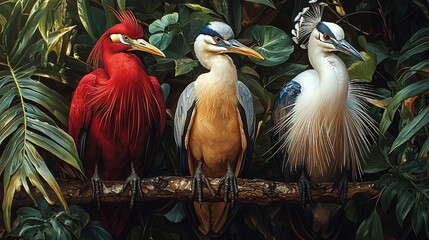 Artistic depiction of three colorful birds perched on a branch, amidst lush, green foliage