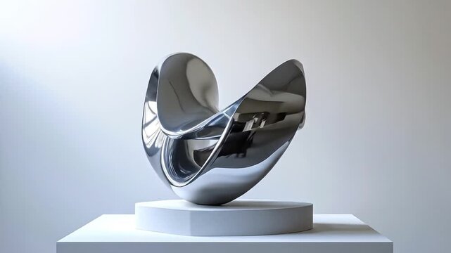 Abstract Polished Chrome Sculpture on Pedestal Under Dramatic Lighting Studio Display