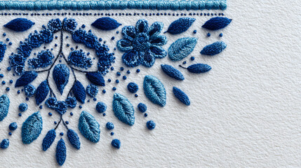 Close-up of intricate blue embroidery on white fabric, featuring floral and leaf patterns.