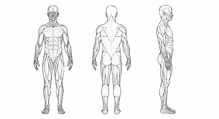 Detailed sketch of male muscle anatomy from front back and side views.